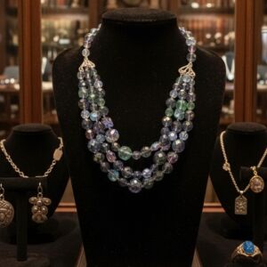 Blue purple and green crystal necklace Aurora Borealis mid century